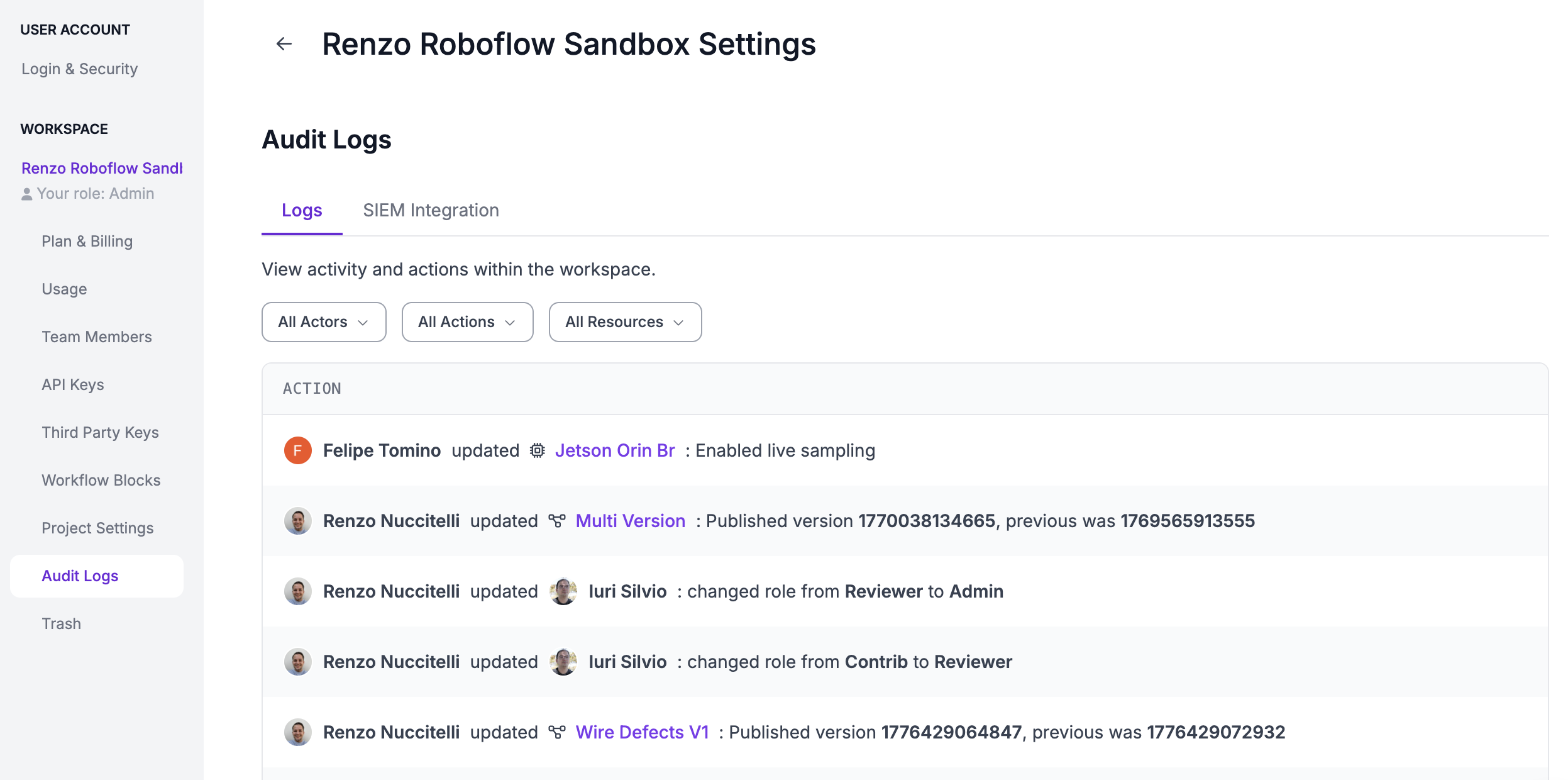 The Audit Logs table showing recent   workspace activity
