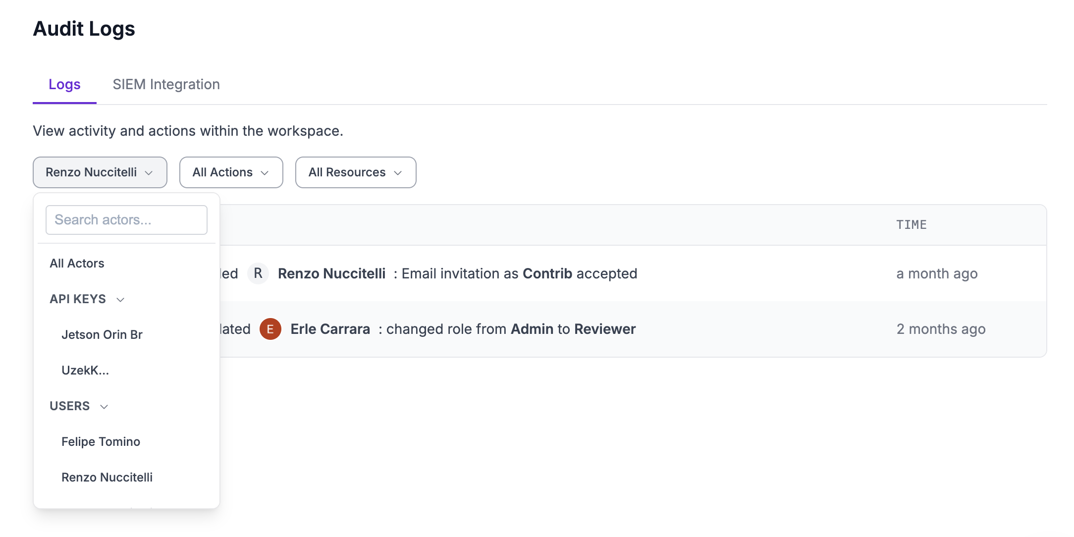 Filtering audit log entries by actor,    action, and resource.